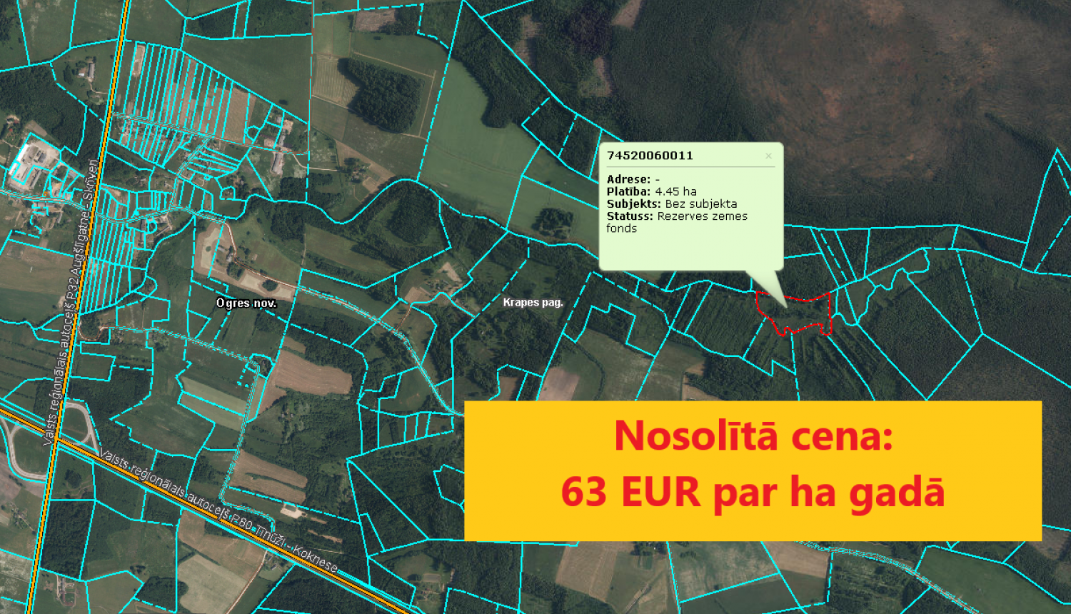 Zemes vienības ar kadastra apzīmējumu 7452 006 0011, Krapes pagastā, nomas tiesību izsoles noslēgums