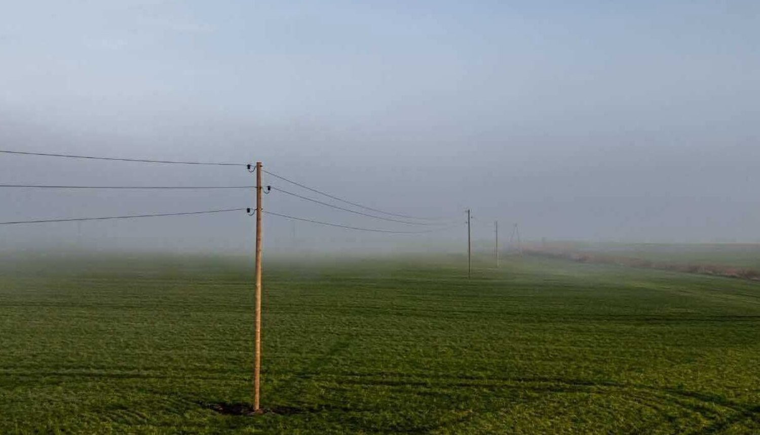 Zaļš lauks ar elektrības stabiem un vadiem