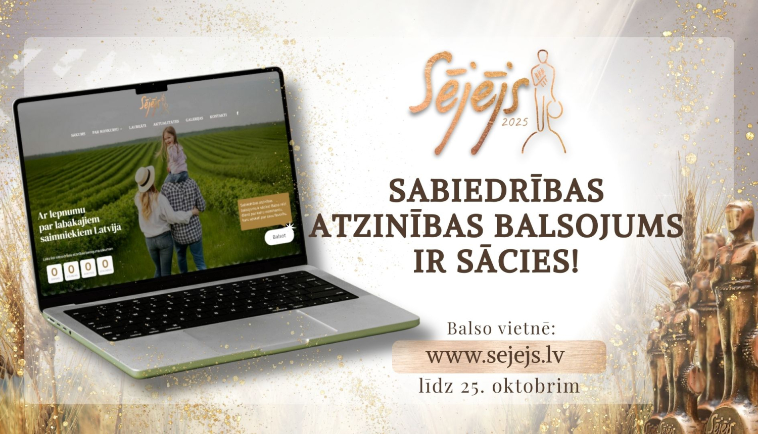 Konkursa "Sējējs 2025" sabiedrības atzinības balsojums. Attēlā atvērts portatīvais dators ar attēlā redzamu ģimeni uz lauka fona