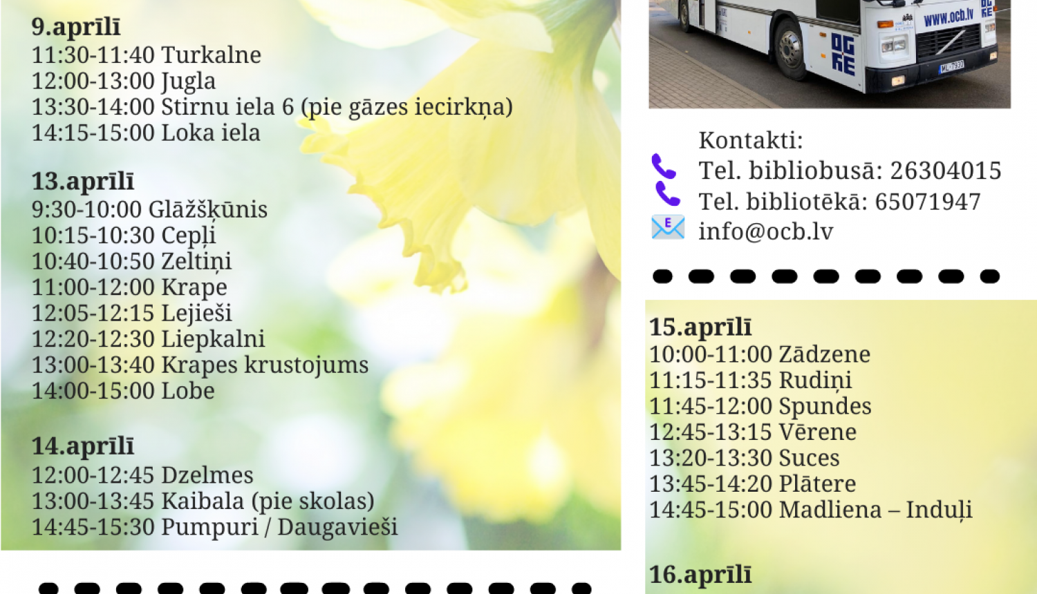 Bibliobusa grafiks aprīlī