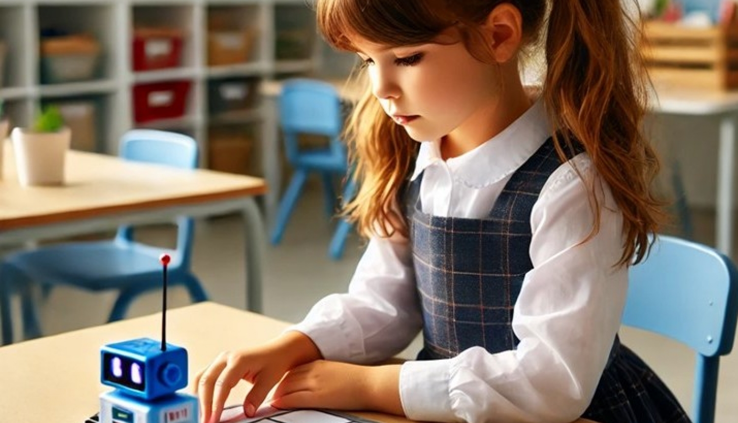 Meitene sēž pie galda ar lego robotu