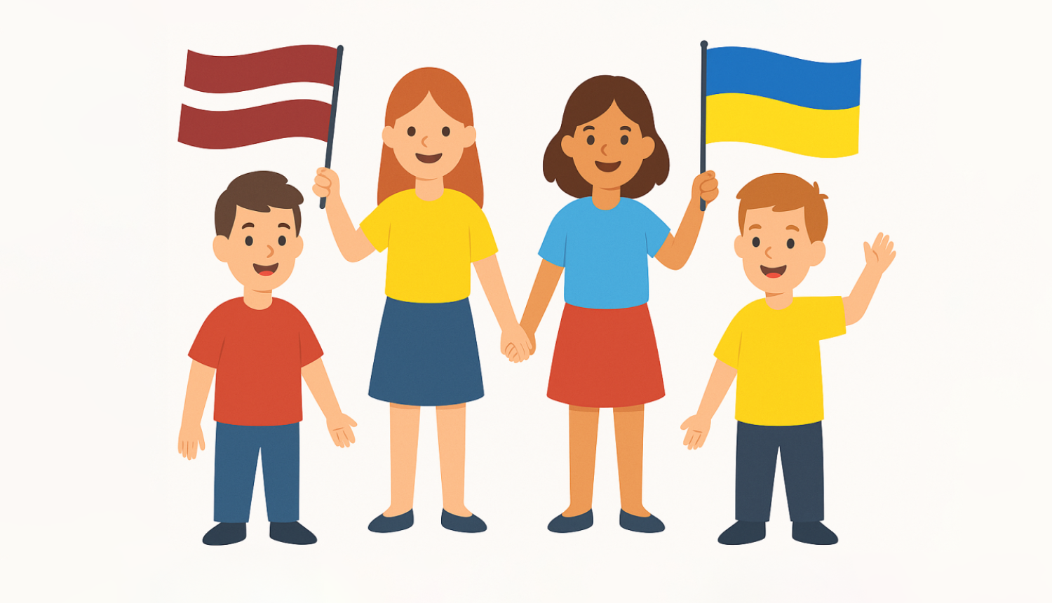 Ogres novada Izglītības pārvalde izsludina pieteikšanos uz Ukrainas un Latvijas bērnu un jauniešu nometņu organizēšanu. Attēlā bērni un pieaugušie ar Latvijas un Ukrainas karodziņiem