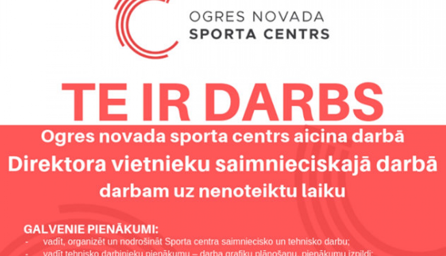 Ogres novada sporta centrs aicina darbā Direktora vietnieku saimnieciskajā darbā