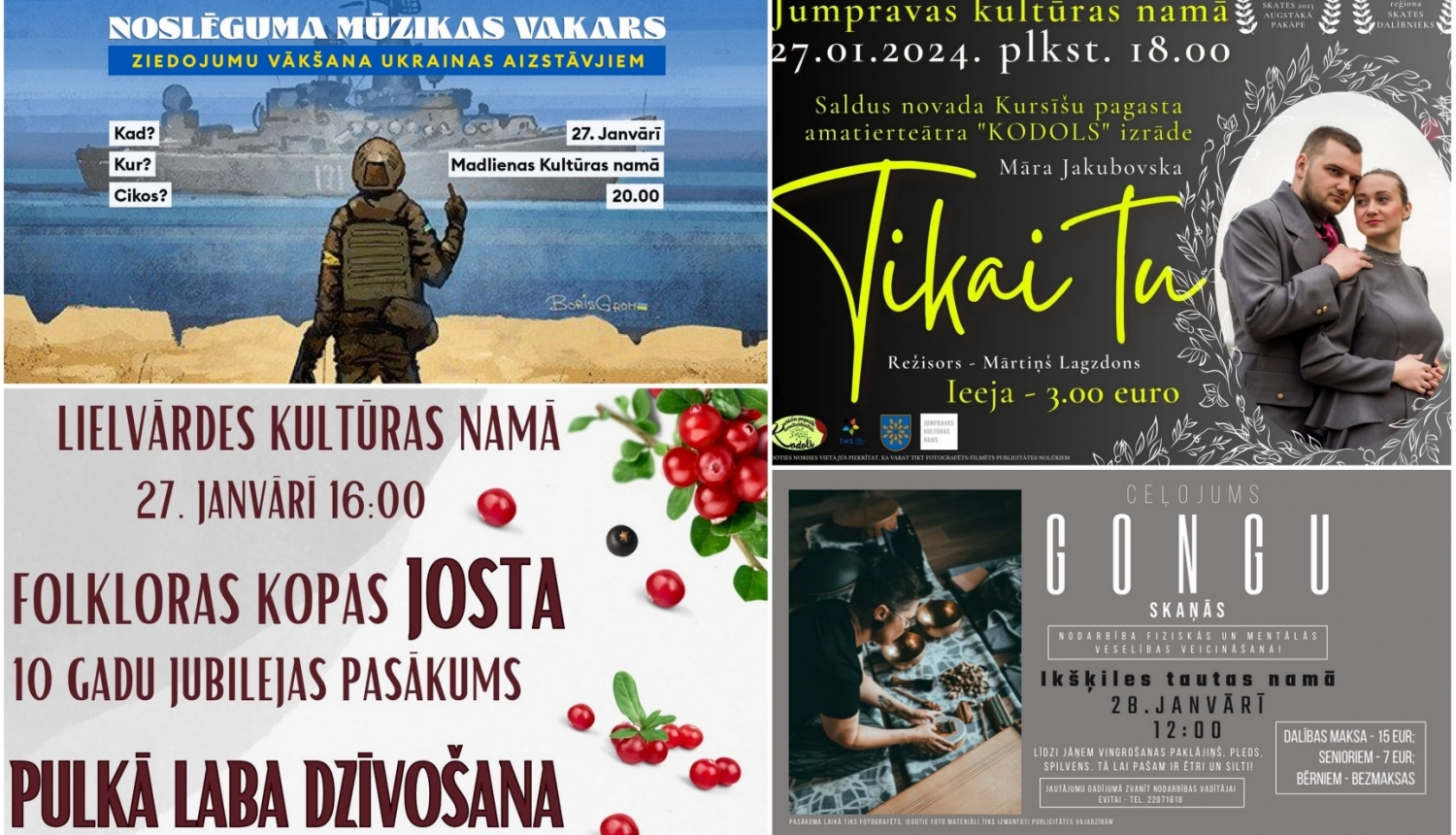 Nedēļas nogales pasākumi Ogres novadā plakātu kolāža 01.2024.