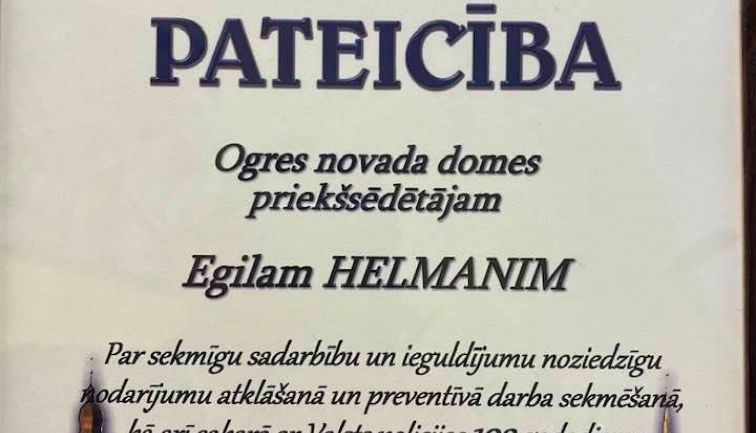 E. Helmanis saņēmis Valsts policijas pateicību E. Helmanis saņēmis Valsts policijas pateicību
