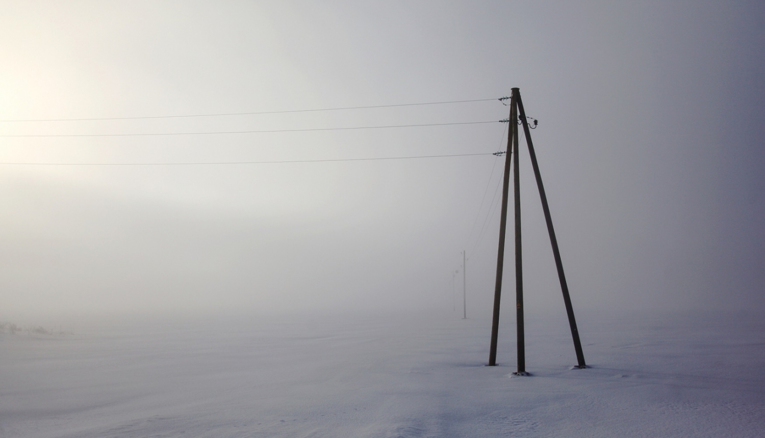 Elektrības stabi ar vadiem sniegotā laukā
